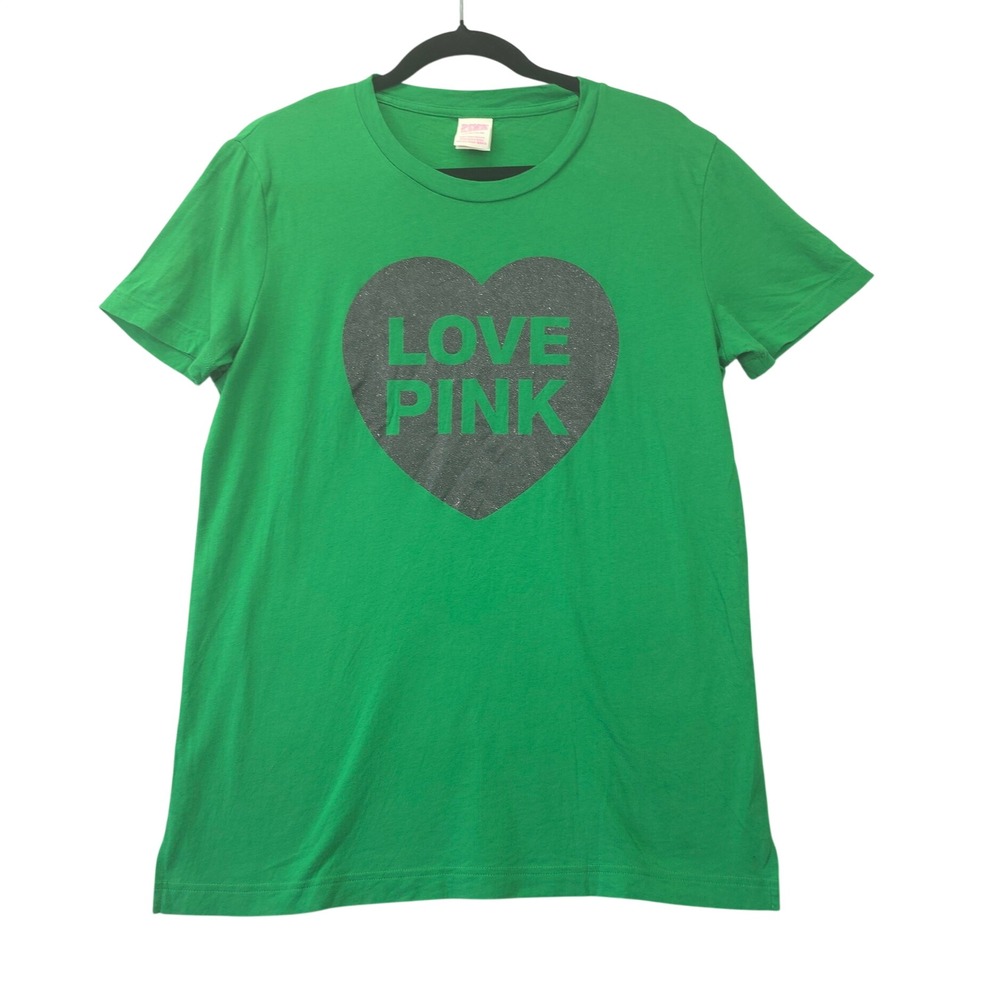 Victorias Secret PINK Originals Green Love Pink Graphic T-Shirt S Glitter Logo